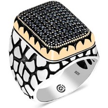 Fumeyabi Gümüş Siyah Zirkon Taşlı Kare Erkek Yüzük