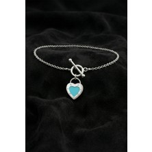 Roza Silver 925 Ayar Turkuaz Mineli Kalp Kilit Detaylı Charm Gümüş Bileklik (Ayarlanabilir)