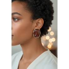 Sassy Takı Büyük Taşlı Gold Detaylı Zara Model Küpe - Kahverengi