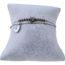 Cesicey Kadın 316L Çelik Çift Zincir Detaylı Baget Taşlı Gümüş Renkli Kararmaz (17+5 Boy) Kalp Aşk Bileklik