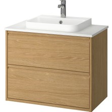 Lavabo Dolabı Kombinasyonu, Meşe Görünümlü-Beyaz Mermer Görünüm, 82X49X71 Cm, Brogrund Batarya