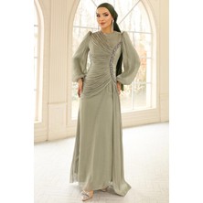 Olcay Inci ve Pilise Detaylı Yoryo Ipek Tesettür Abiye Elbise Açık Yeşil 1249