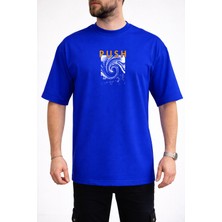 Caddekombin Erkek Vortex Desenli Push Yazı Baskılı Bisiklet Yaka Saks Mavi T-Shirt