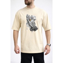 Caddekombin Erkek Vortex Desenli Push Yazı Baskılı Bisiklet Yaka Bej T-Shirt