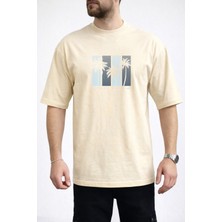 Caddekombin Erkek Good Vibes Yazılı Palmiye Ağacı Baskılı Bisiklet Yaka Bej T-Shirt