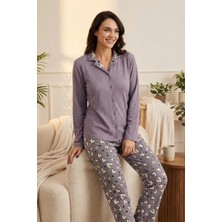 Kadın Lila Kalp Desenli Waffle Pijama Takımı -8