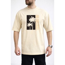 Caddekombin Erkek Palmiye Silüetli Surfing Co Yazı Baskılı Bisiklet Yaka Bej T-Shirt