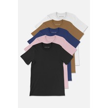Stoykis Erkek Beyaz Kahverengi Lacivert Pudra Siyah %100 Pamuklu 5 Li T-Shirt Paketi Regular Fit