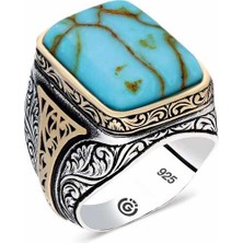 Fumeyabi ​gümüş Turkuaz Çizgi Geçişli Taşlı Kare Erkek Yüzük