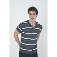 ModaSize Erkek Yakalı Slim Fit Dokuma Çizgili T-Shirt - Haki