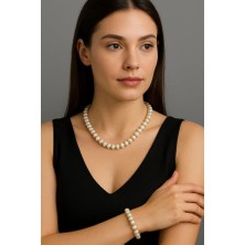 Eski Yeni Antik Zirkon Taş Detaylı Doğal Inci Kolye ve Bileklik Seti – 45 cm Kolye / 20 cm Bileklik