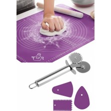 Silikon Hamur Açma Matı & Pizza Hamur Börek Kesici & 3'lü Hamur Pasta Dekorasyon Set | 5 Parça Set |