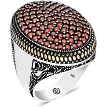 Fumeyabi Gümüş Kırmızı Zirkon Taşlı Oval Erkek Yüzük