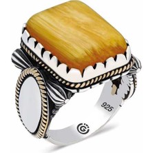 Fumeyabi ​gümüş Sarı Sıkma Kehribar Taşlı Kare Erkek Yüzük