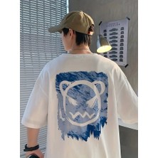 ModaSize Baskılı Oversize Bisiklet Yaka T-Shirt - Beyaz
