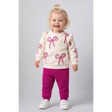 Dinamik çocuk Kız Bebek Fiyonk Desenli Kol Detaylı Sweatshirt + Eşofman Altı 2'li Takım 3-6-9-12AYLIK