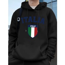 Italya Bayrağı Baskılı Erkek Kapüşonlu Sweatshirtleri Sonbahar Kış Cepli Sweatshirtler Temel