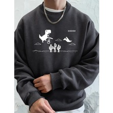 Dinozorlar Kaktüs Üzerinde Baskılı Erkek Kapüşonlu Üstü Sonbahar Bisiklet Yaka Tişörtü Temel