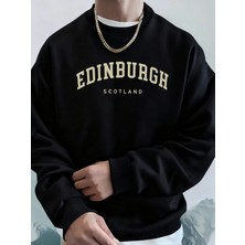 Edinburgh Scotlano Mektup Baskıları Gevşek Polar Kapüşonlular Erkek Cep Bisiklet Yaka Eşofman
