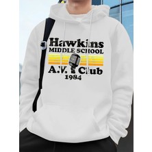 Hawkins Ortaokulu A.v. Club Prints Erkek Kapüşonluları Sonbahar Cepli Kazak Temel Polar Gevşe