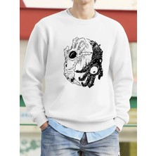 Canavar Palmiye Gözleri Korkunç Baskılı Sweatshirt Erkek Polar Bol Moda Sokak Giysisi Yuvarla