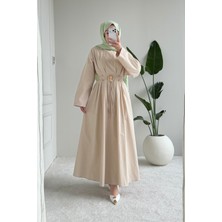 Tesettür Diyarı Bloom Tansel Kumaş Tokalı Ip Bağlamalı Tesettür Elbise- Krem