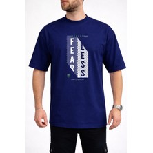 Caddekombin Erkek Fearless Yazı Baskılı Petek Dokulu Bisiklet Yaka Lacivert T-Shirt