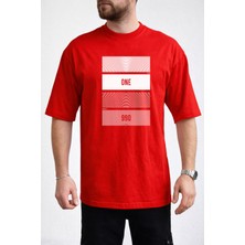 Caddekombin Erkek One Yazılı Konsantrik Çizgi Detaylı Bisiklet Yaka Kırmızı T-Shirt