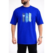 Caddekombin Erkek Üç Blok Palmiye Baskılı Bisiklet Yaka Saks Mavi T-Shirt