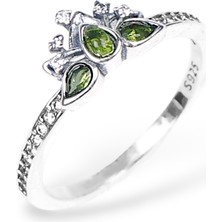 Besen Gümüş Prenses Taç Tasarımlı Yeşil Taşlı 925 Ayar Gümüş Yüzük