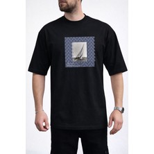 Caddekombin Erkek Modern Grafik Yelkenli Bisiklet Yaka Siyah T-Shirt