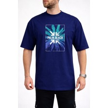 Caddekombin Erkek Turkuaz ve Mavi Palmiye Yaprağı Bisiklet Yaka Lacivert T-Shirt