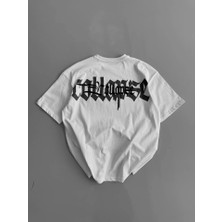 ModaSize Baskılı Oversize Bisiklet Yaka T-Shirt - Beyaz