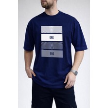 Caddekombin Erkek One Yazılı Konsantrik Çizgi Detaylı Bisiklet Yaka Lacivert T-Shirt