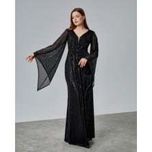 Asees Asimetrik Kollu Büzgü Detaylı Uzun Payet Abiye Elbise