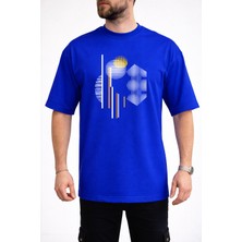 Caddekombin Erkek Geometrik Kavisli Çizgi Baskılı Bisiklet Yaka Saks Mavi T-Shirt