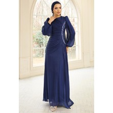 Olcay Inci ve Pilise Detaylı Yoryo Ipek Tesettür Abiye Elbise K. Indigo 1249