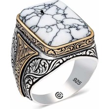 Fumeyabi ​gümüş Desenli Beyaz Havlit Taşlı Kare Erkek Yüzük