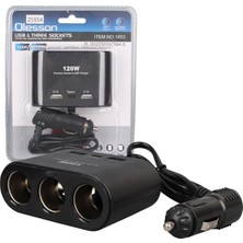 Olesson 1653 12-24V Çift USB + Type-C Girişli 100W 70CM Kablolu 3'lü Araç Çakmak Çoklayıcı