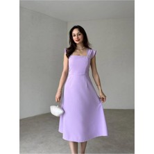 Moda Durağı Sıralı Incili Midi Elbise Lila Mor