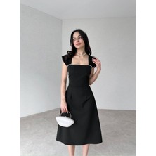Moda Durağı Sıralı Incili Midi Elbise Siyah