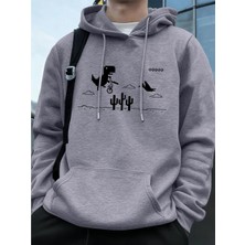 Dinozorlar Kaktüs Üzerinde Baskılı Erkek Kapüşonlu Üstü Sonbahar Cepli Sweatshirt Temel Polar