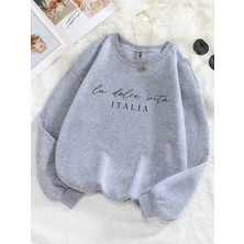 La Dolce Vita Italia Baskılı Bayan Kazak Bisiklet Yaka Y2K Gevşek Giyim Çok Renkli Rahat Kaza