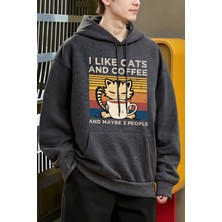 Sevimli Kedi Kahve Içiyor Desen Erkekler Y2K Hoody Hip Hop Polar Moda Hoodie Büyük Boy Sokak