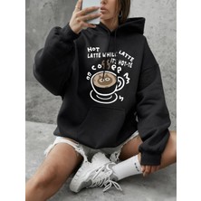 Sıcak Latte Kedi Baskılı Sweatshirtler Kadınlar Için Günlük Bol Kapüşonlu Üstler Kışlık Polar