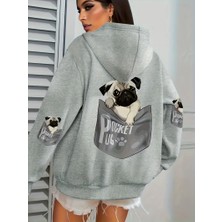 Cep Pug Kapüşonlu Üstleri Kadınlar Karikatür Köpek Baskılı Büyük Beden Cepli Kapüşonlu Üst Kı