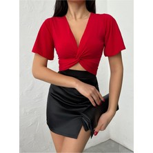 Qutta Kadın Önü Burgulu Kısa Ispanyol Kol Crop Bluz