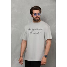 ModaSize Unisex Bisiklet Yaka Baskılı Oversize T-Shirt - Gri