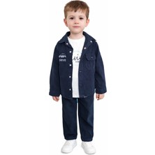 İrem Çocuk Giyim Erkek Çocuk Araba Nakışlı Gabardin Kumaş Ceket Pantolon Tişört Üçlü Lacivert Renk Takım