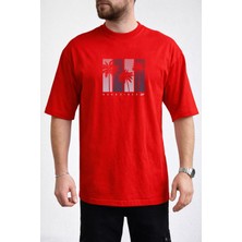 Caddekombin Erkek Good Vibes Yazılı Palmiye Ağacı Baskılı Bisiklet Yaka Kırmızı T-Shirt